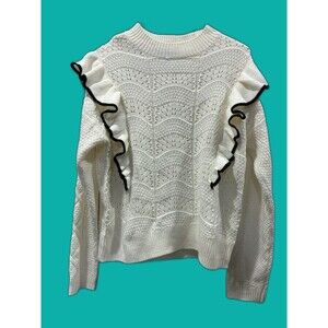 Marc New York Ruffle Shoulder Sweater M White Lace Knit Contrast Trim Pullover